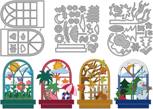 MAYJOYDIY Four Seasons Windows Cutting Dies Windows Scenery Metal Die Cuts Template Spring Summer Autumn Winter Embossing Carbon Steel Stencils for Card Making Scrapbooking Album Gift Decoration
