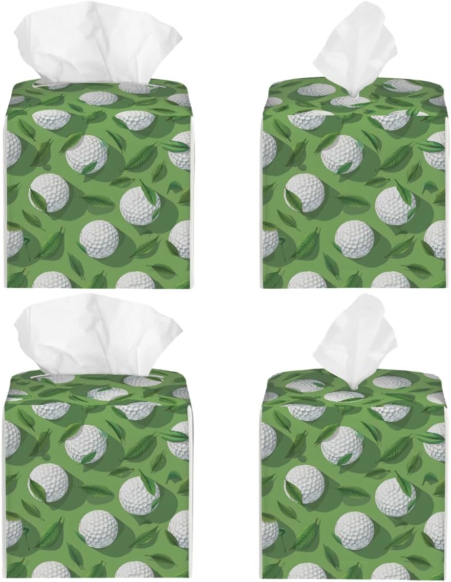 Square Leather Tissue Box Cover, Waterproof Napkin Dispenser with Golf Sports Golf Ball Print, Tissue Holder for Bathroom, Living Room, Bedroom, Office, and Car Decor