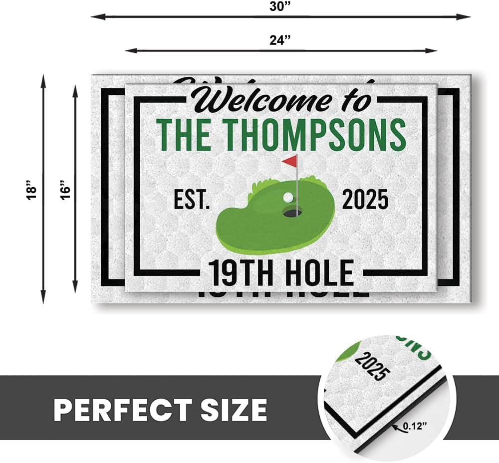 Personalized Golf Doormat with Custom Family Name & Year – Non-Slip 19th Hole Welcome Mat for Outdoor Entrance – Funny Golf Lover Gift – Clubhouse Decor for Patio, Garage, Man Cave or Front Door