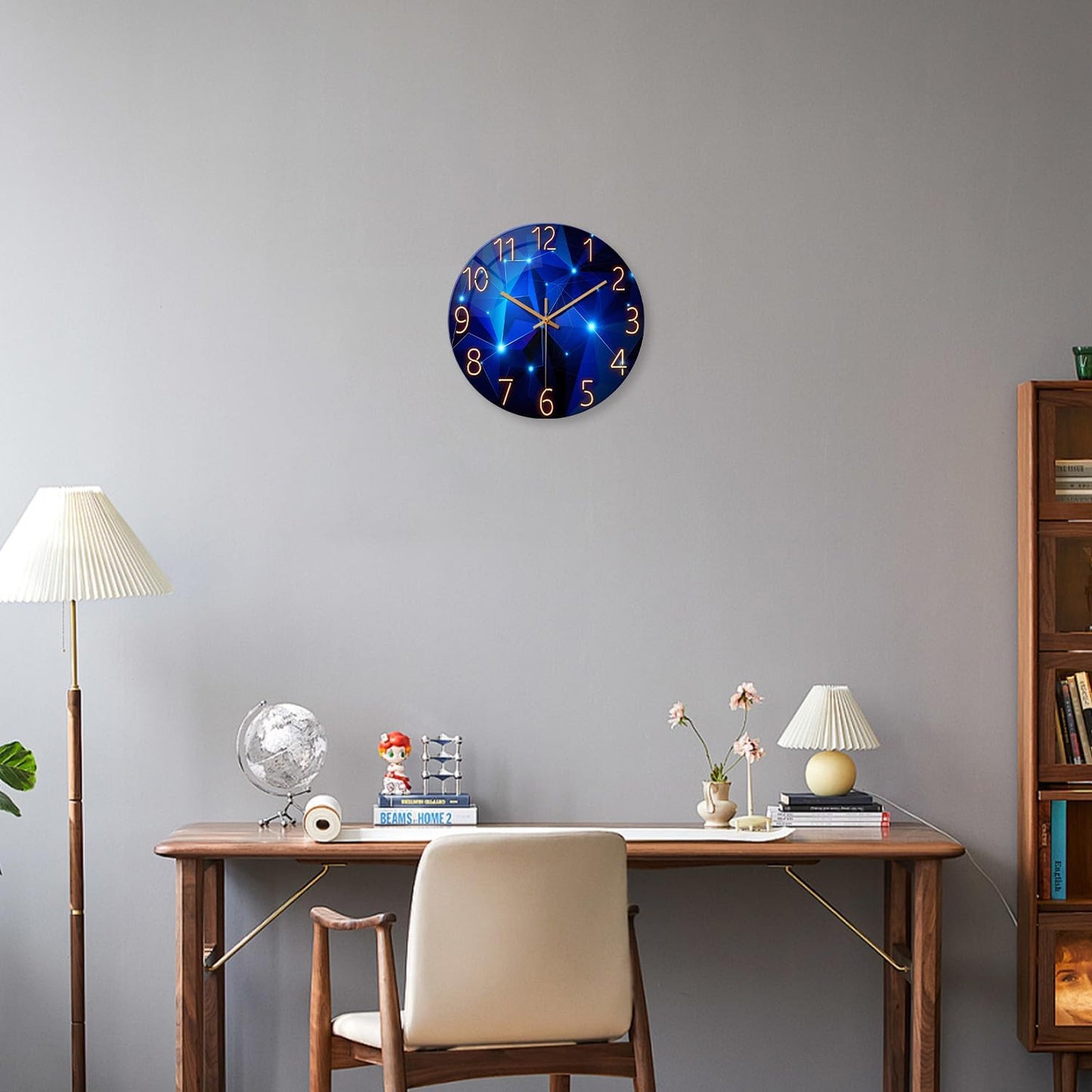 Blue Wall Clock Battery Operated 16 Inch Analog Glass Wall Clock Non Ticking Large Wall Clocks for Living Room Decor