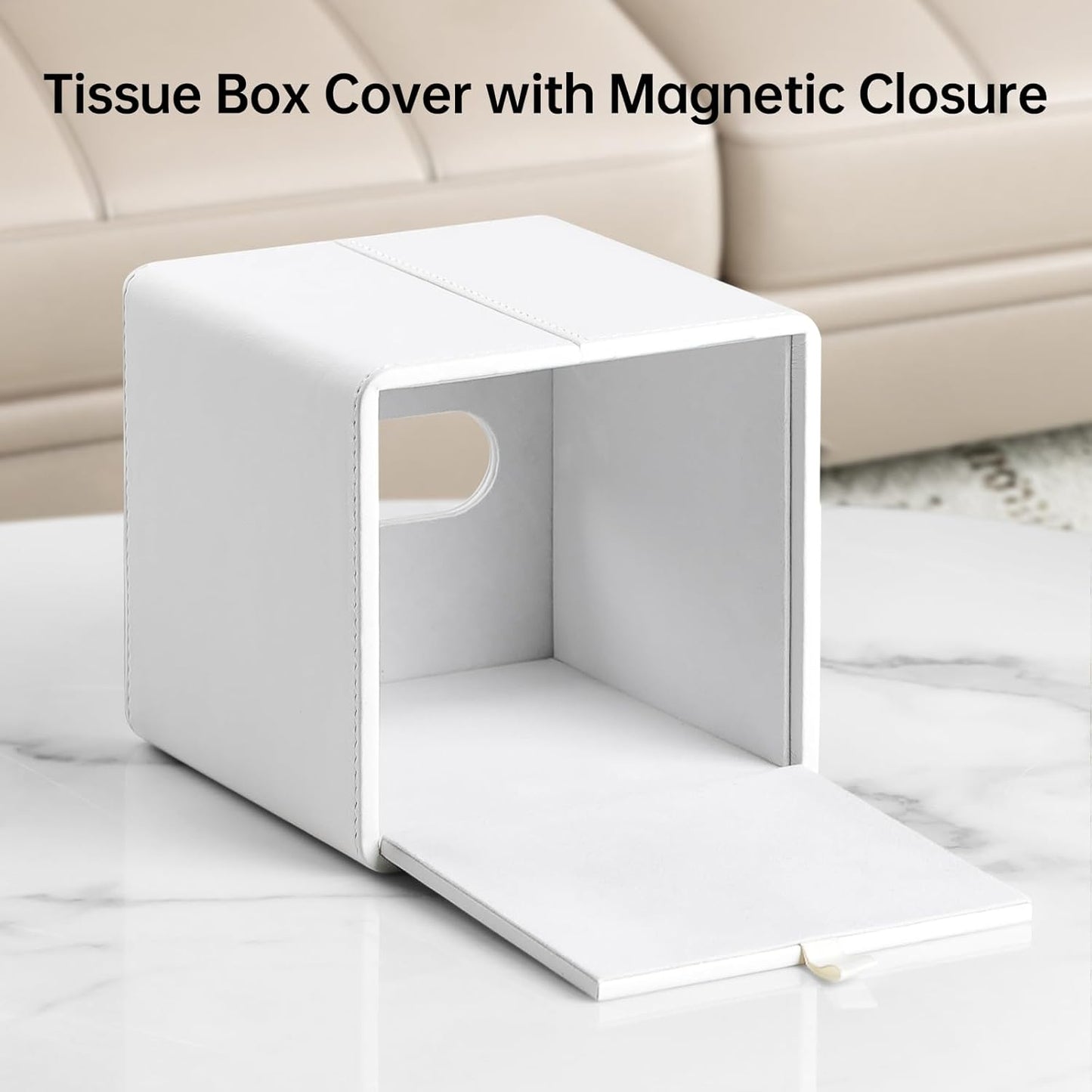 PU Leather Tissue Box Cover Square Tissue Box Holder with Magnetic Closure (White)