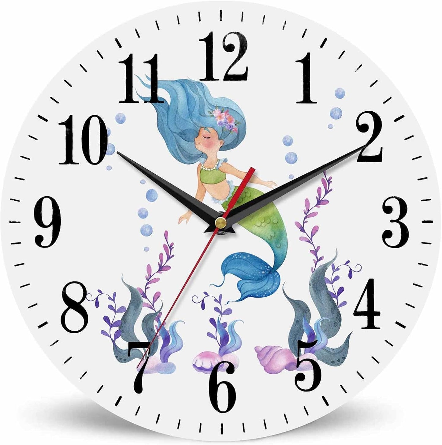 Mxocom Mermaid Wall Clock Watercolor Cartoon Mermaid Tail and Floral 10 Inch Silent Non Ticking Battery Operated Clock Vintage Round Clock for Living Room Bedroom Bathroom Office Decor