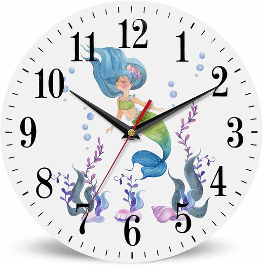 Mxocom Mermaid Wall Clock Watercolor Cartoon Mermaid Tail and Floral 10 Inch Silent Non Ticking Battery Operated Clock Vintage Round Clock for Living Room Bedroom Bathroom Office Decor
