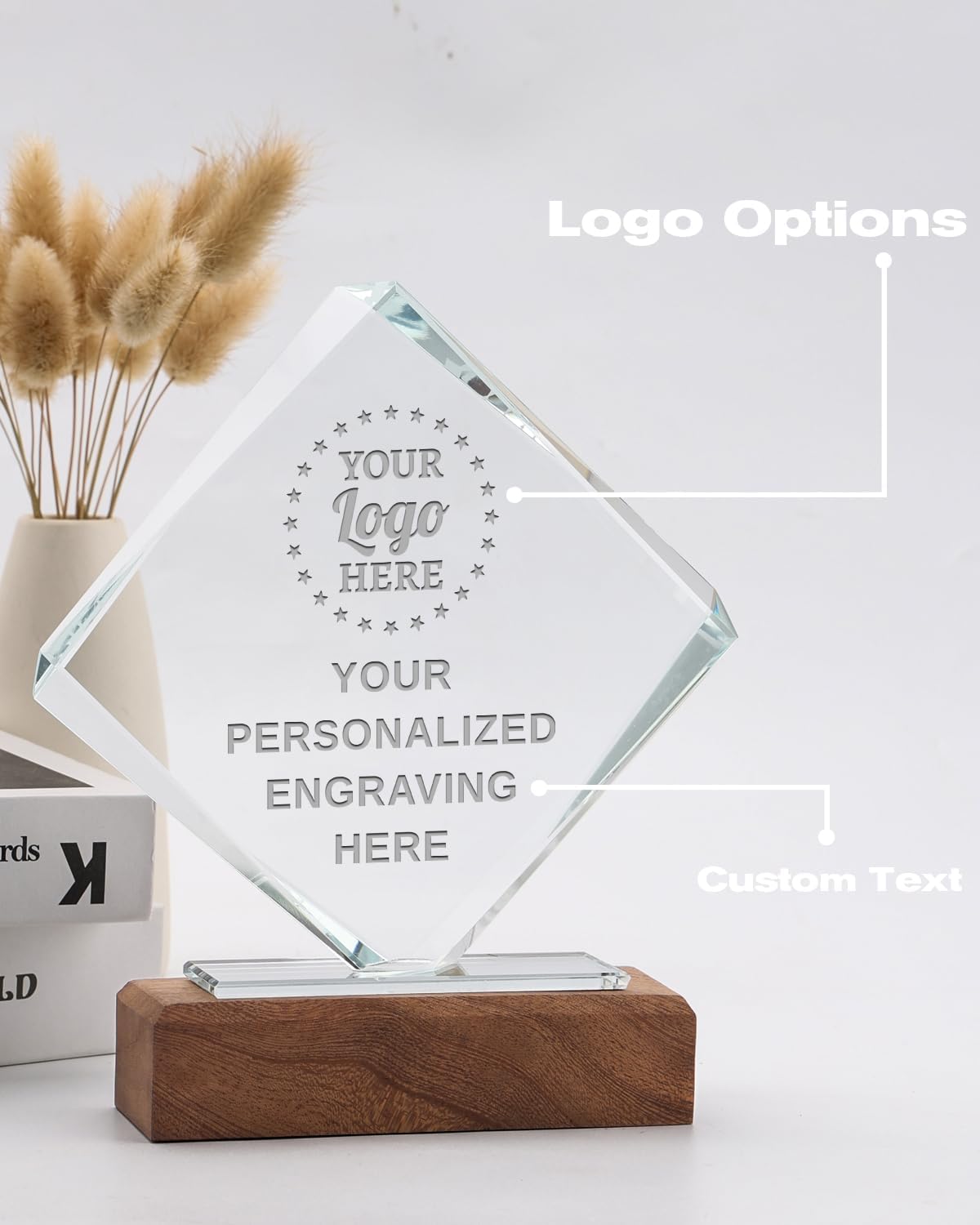 Personalized Crystal Trophy Award with Solid Wood Base - Custom Engraved Plaques for Employee Recognition, Sports Trophies, Thanks Gifts
