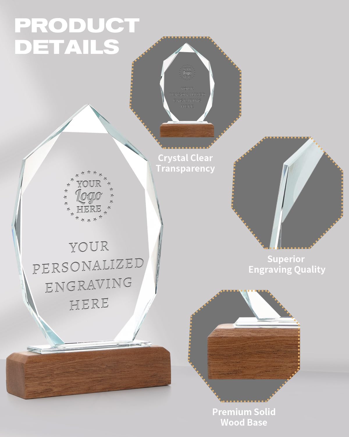 Personalized Crystal Trophy Award with Solid Wood Base - Custom Engraved Plaques for Employee Recognition, Sports Trophies, Thanks Gifts