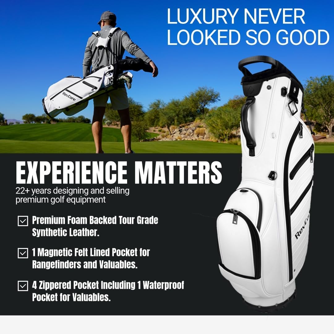 RevCore LT Lightweight Golf Stand Bag by CaddyDaddy – Premium Synthetic Leather Carry Golf Bag for Men & Women with 5-Way Divider, Cooler Pocket, Dual Strap – Golf Bag with Stand