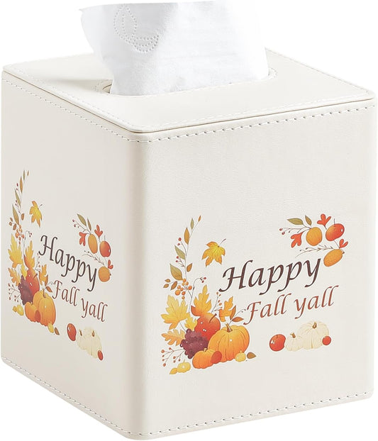 Fall Decor Tissue Box Cover, PU Leather Tissue Box Holder with Magnetic Closure for Home, Square Tissue Holder for Harvest Autumn Season Halloween Thanksgiving