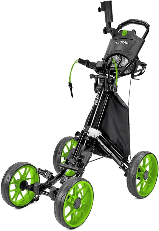Golf Push Cart 4-Wheels,Folding Golf Cart, Golf Pull cart with Cup Holder,Umbrella Holder,Cooler Bag, Foldable with one-Click,Handle Height Adjustable,Drink Holder,Walking Push cart