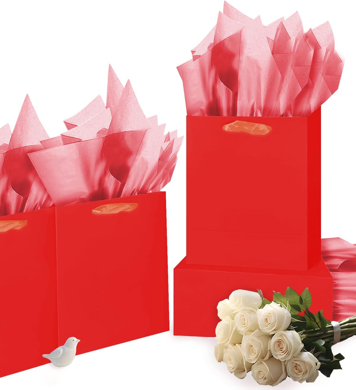 Gcardist Red Gift Bags with Tissue Paper for Wedding, Birthday, Party Supplies-7.9"x4.3"x9.6" Medium Size Cardboard Gift Bags（5pcs Bags +10pcs Tissue Paper ）