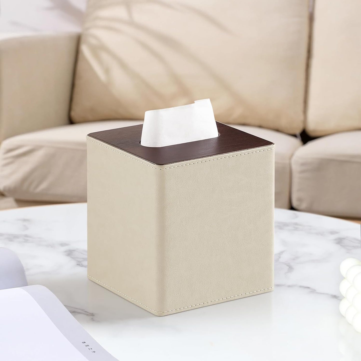 PU Leather Tissue Box Cover Square Tissue Box Holder with Magnetic Closure (Beige)