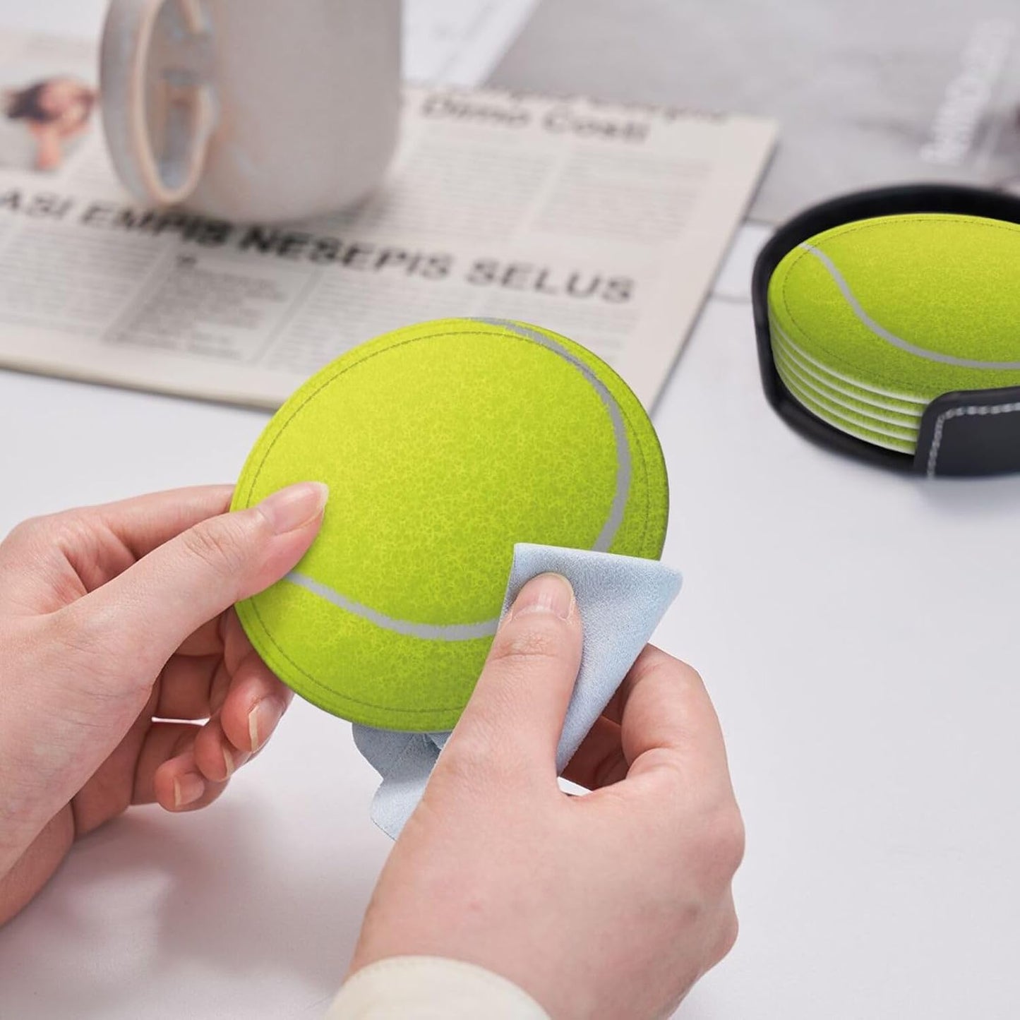 6 Pcs Tennis Ball Drink Coasters with Holder Coasters for Drinks Coffee Table Home Decor Housewarming Gift
