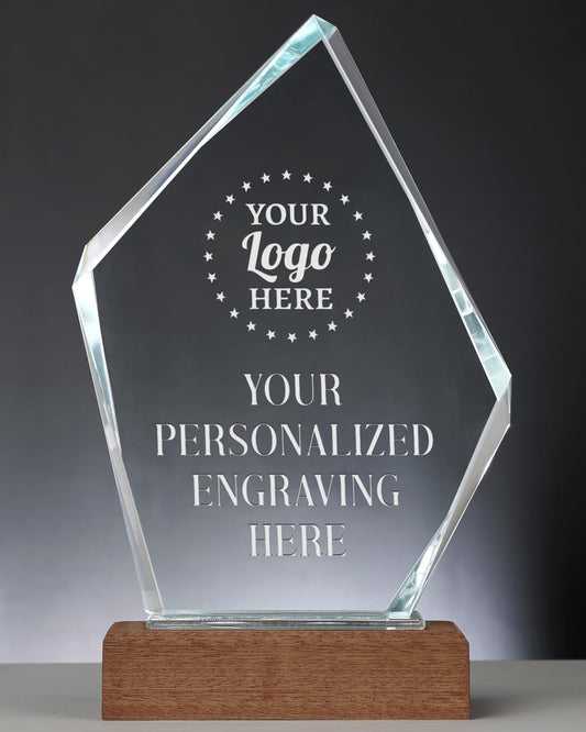 Personalized Crystal Trophy Award with Solid Wood Base - Custom Engraved Plaques for Employee Recognition, Sports Trophies, Thanks Gifts