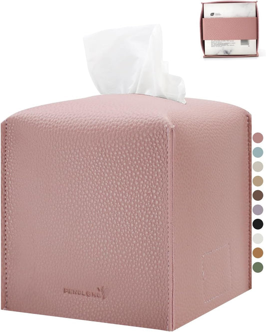 Tissue Box Cover 5X5X5'' PU Leather Tissue Holder Square Tissue Cube Box Organizer for Bathroom Vanity Countertop, Car, Night Stands, Office, Home, Kitchen (1Pack, Pretty Pink)