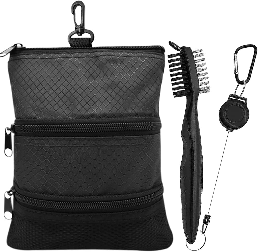 Golf Bag Accessories Valuables Pouch Bags Multi Pocket Zipper Hook with 10 Pcs Wood Golf Tees for Men Women