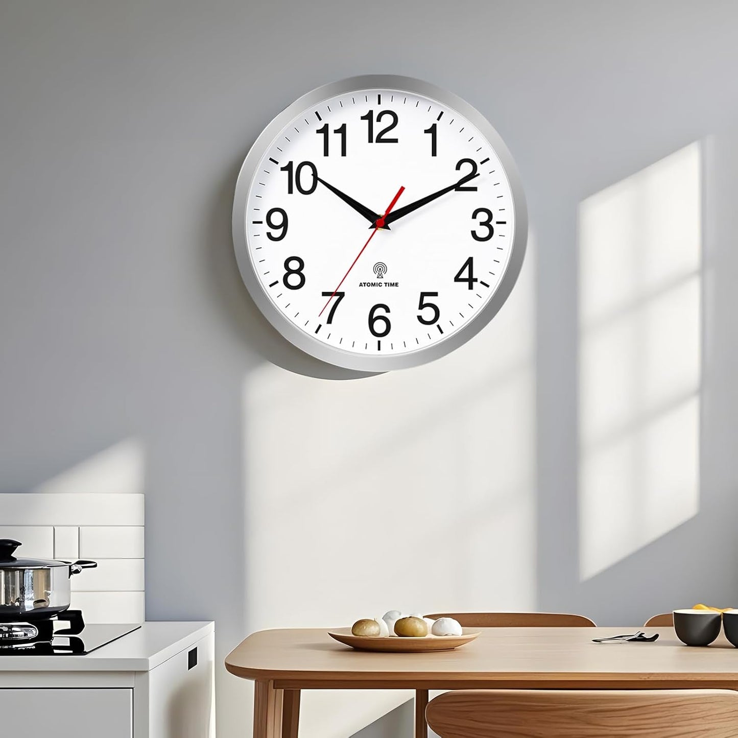 Atomic Wall Clock Modern 12 Inch Battery Operated Silent Non Ticking Analog Clock Decorative for Bedroom Kitchen Bathroom Office Home Living Room (Silver)