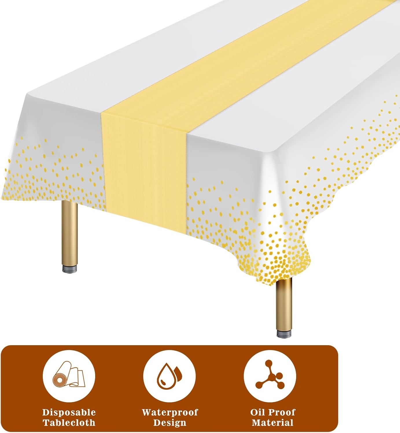 8 Packs Plastic Table Cloth Rectangle Table Disposable and Satin Table Runner, White and Gold Tablecloth Table Runner Cover for Baby Shower Birthday Wedding Anniversary Graduation Party Decorations