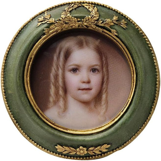SYLVIA'S SHOP 3x3 Small Vintage Round Picture Frame, Mini Antique Ornate Circle Photo Frame, for Tabletop and Wall Display, Retro Home Decor, Old Fashioned Photo Gallery Art, Green