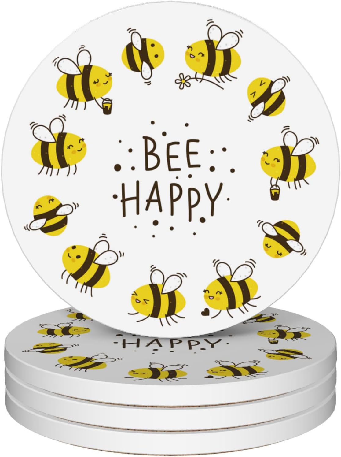 Bee Coasters Set of 4, Absorbent Ceramic with Cork Backing, Bee Happy Coaster Mats for Drinks, Ideal Gifts for Women Men