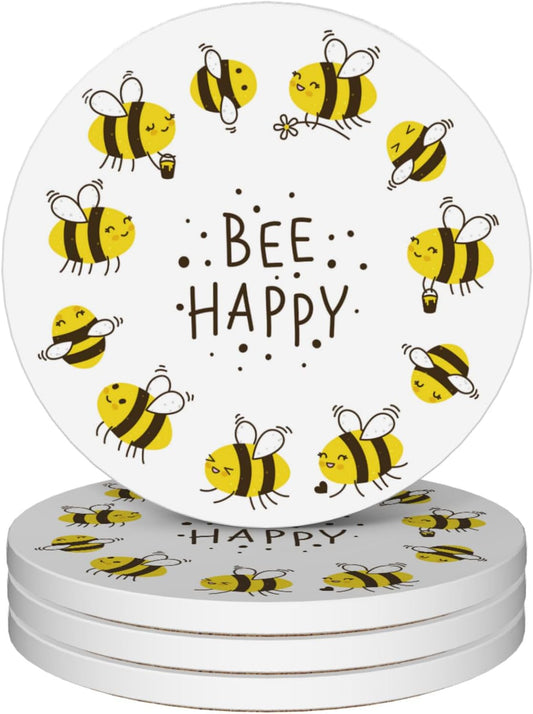 Bee Coasters Set of 4, Absorbent Ceramic with Cork Backing, Bee Happy Coaster Mats for Drinks, Ideal Gifts for Women Men