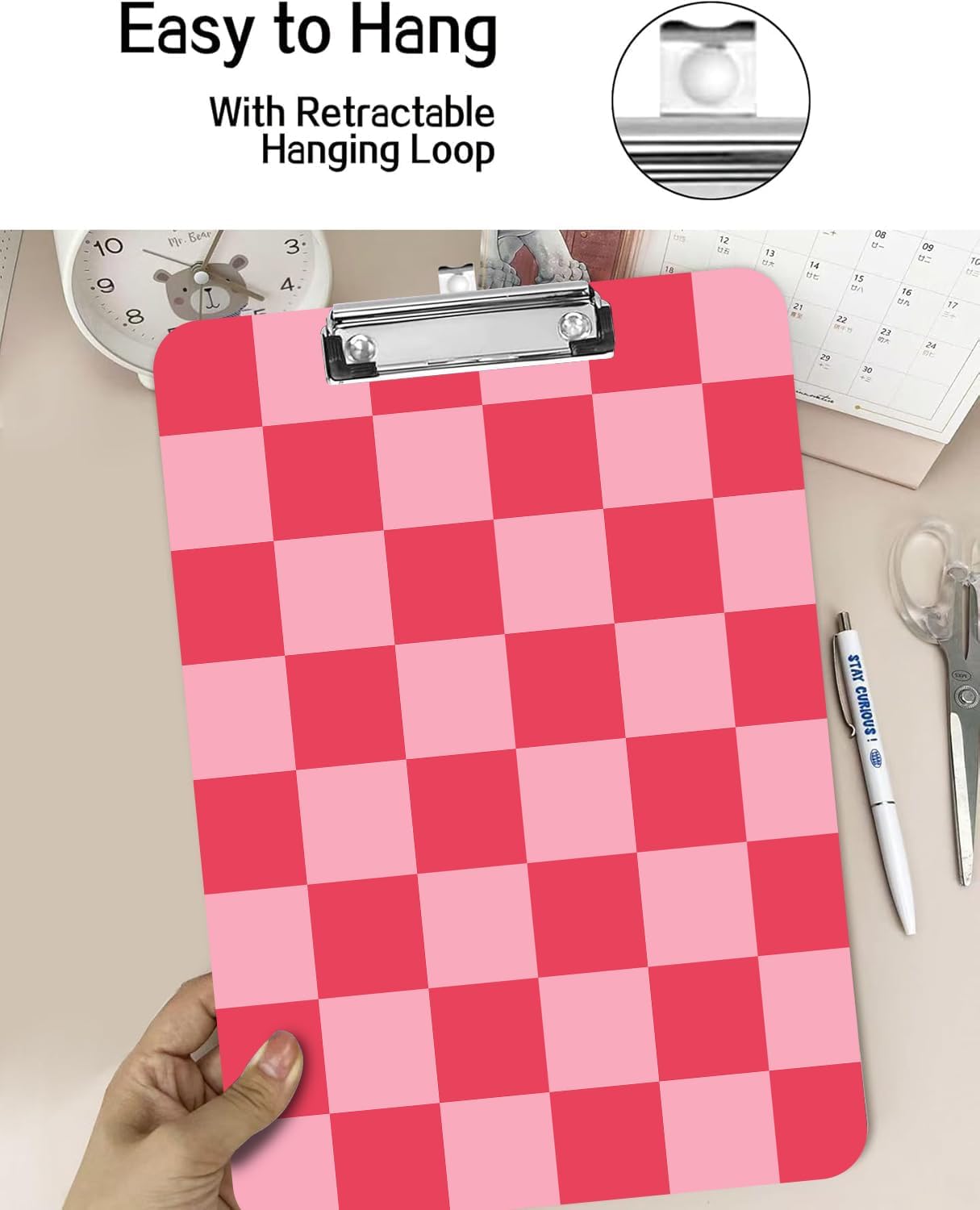 Fashion A4 Clipboard, Standard Letter Size 9" x 12.5", Decorative Wooden Clipboard with Low Profile Metal Clip for Office, School, Teachers, and Students, Light Red Plaid