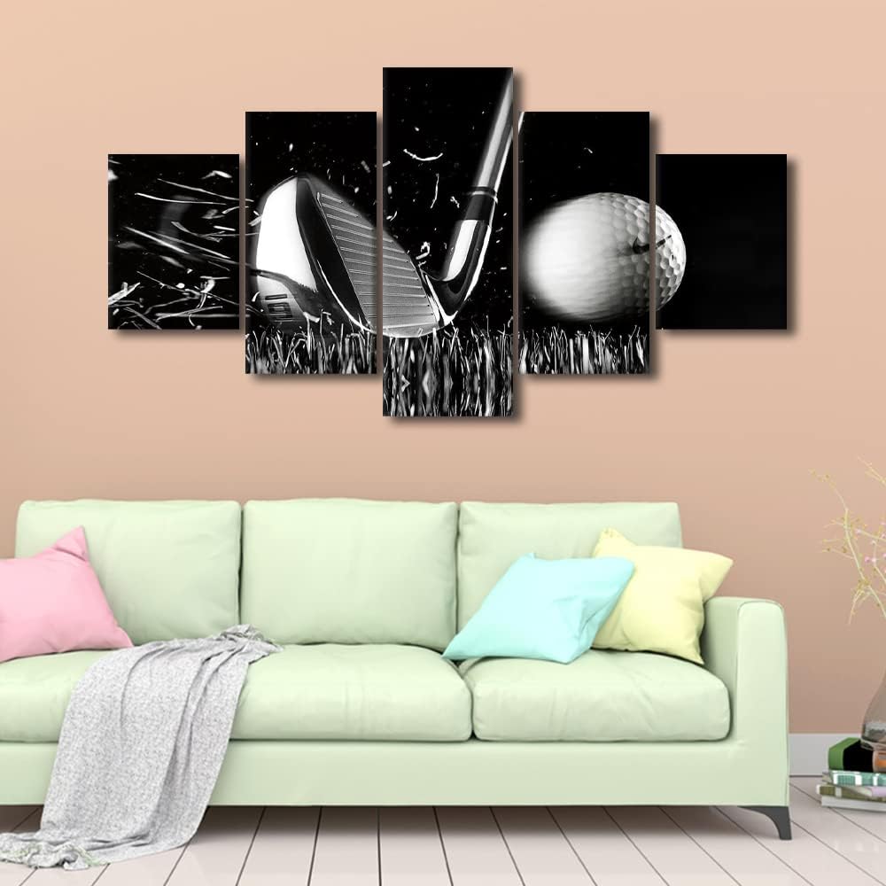 White and Black Golf Course Pictures Wall Art Golf Ball Paintings Multi Panel Printed on Canvas Golf Course Artwork Modern Home Decoration Giclee Wooden Framed Gallery-Wrapped Ready to Hang-60 Wx32 H