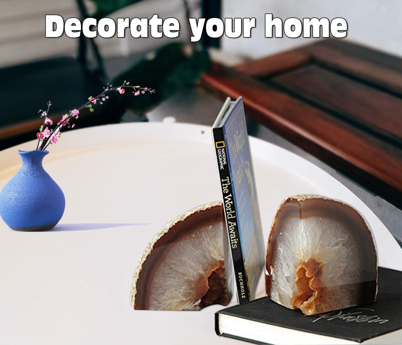 AMOYSTONE Natural Agate Bookends, Stone Book Ends for Kids’ Books, Small Crystal Book Stopper 2-3 LBS, Decorative Bookends for Shelves, for Children's