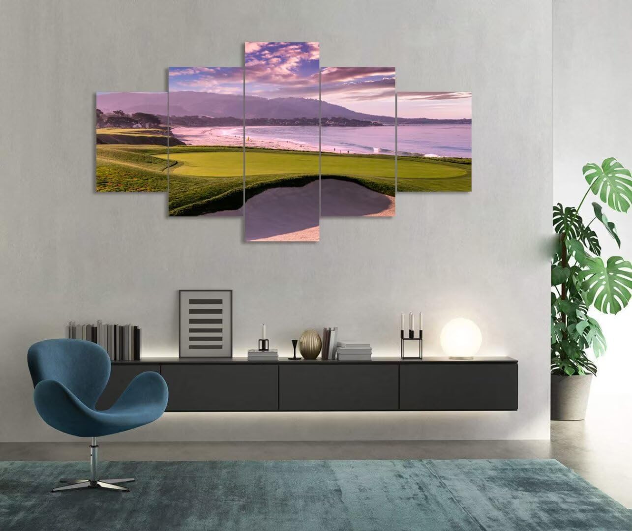 Pebble Beach Golf Course Hole 9th Wall Art Pictures Monterey California Golf Course Wall Decor for Living Room Bedroom Bathroom Home Decorations Canvas Prints Framed Ready to Hang(60''W x 40''H)