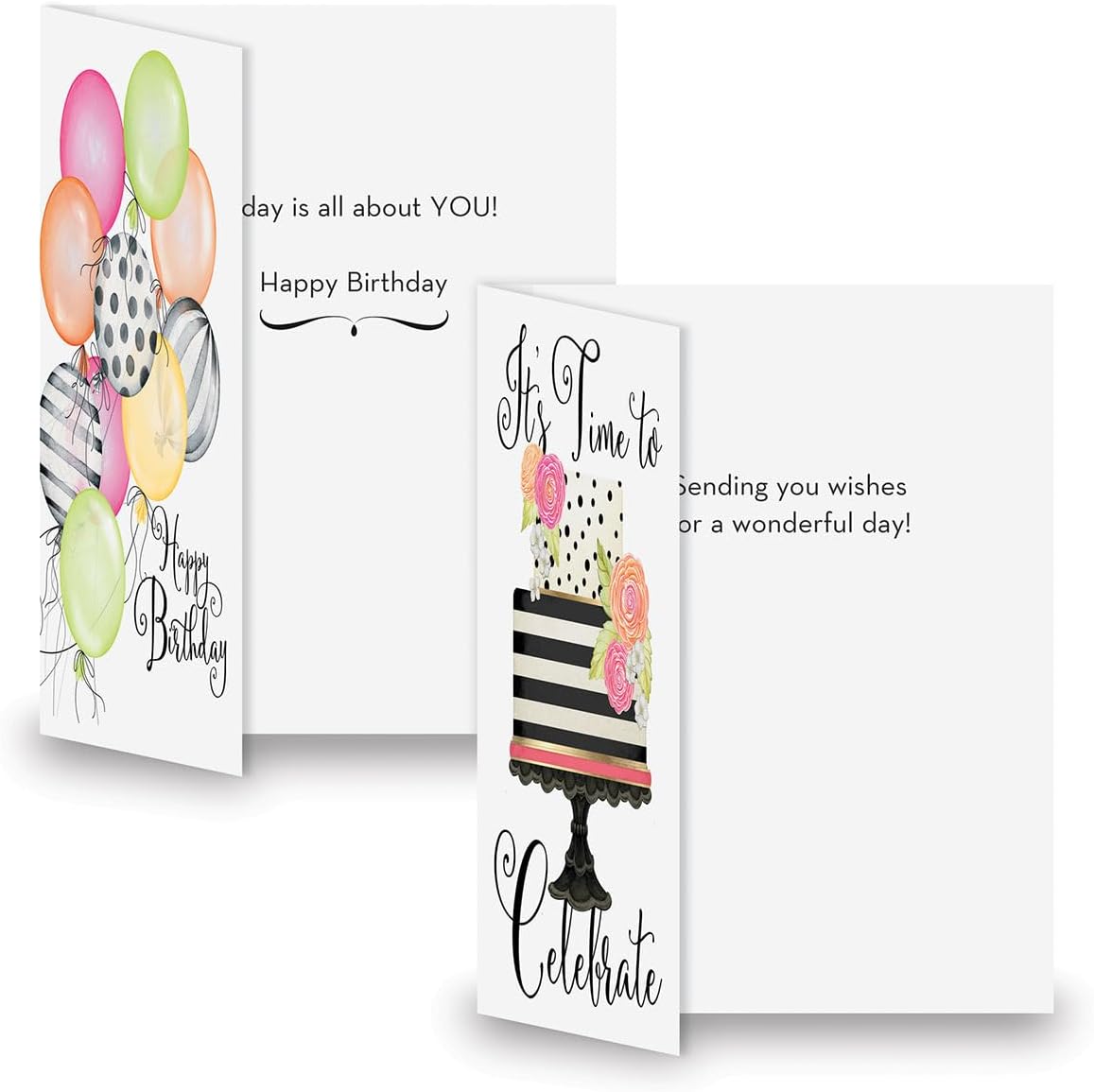 Striped Celebration Birthday Cards - Set of 8 (4 designs), Large 5" x 7" Birthday Cards, Sentiments Inside, Envelopes Included