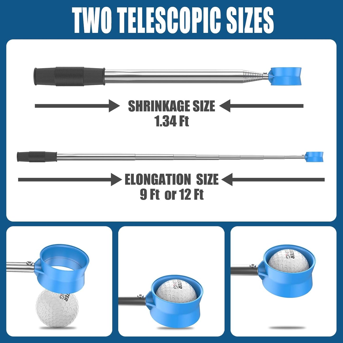 9ft/12ft Water Telescopic Golf Ball Retriever，Classic and Durable Stainless Steel Picker Upper, The Best Accessory Gift for Men and Women Golfers.