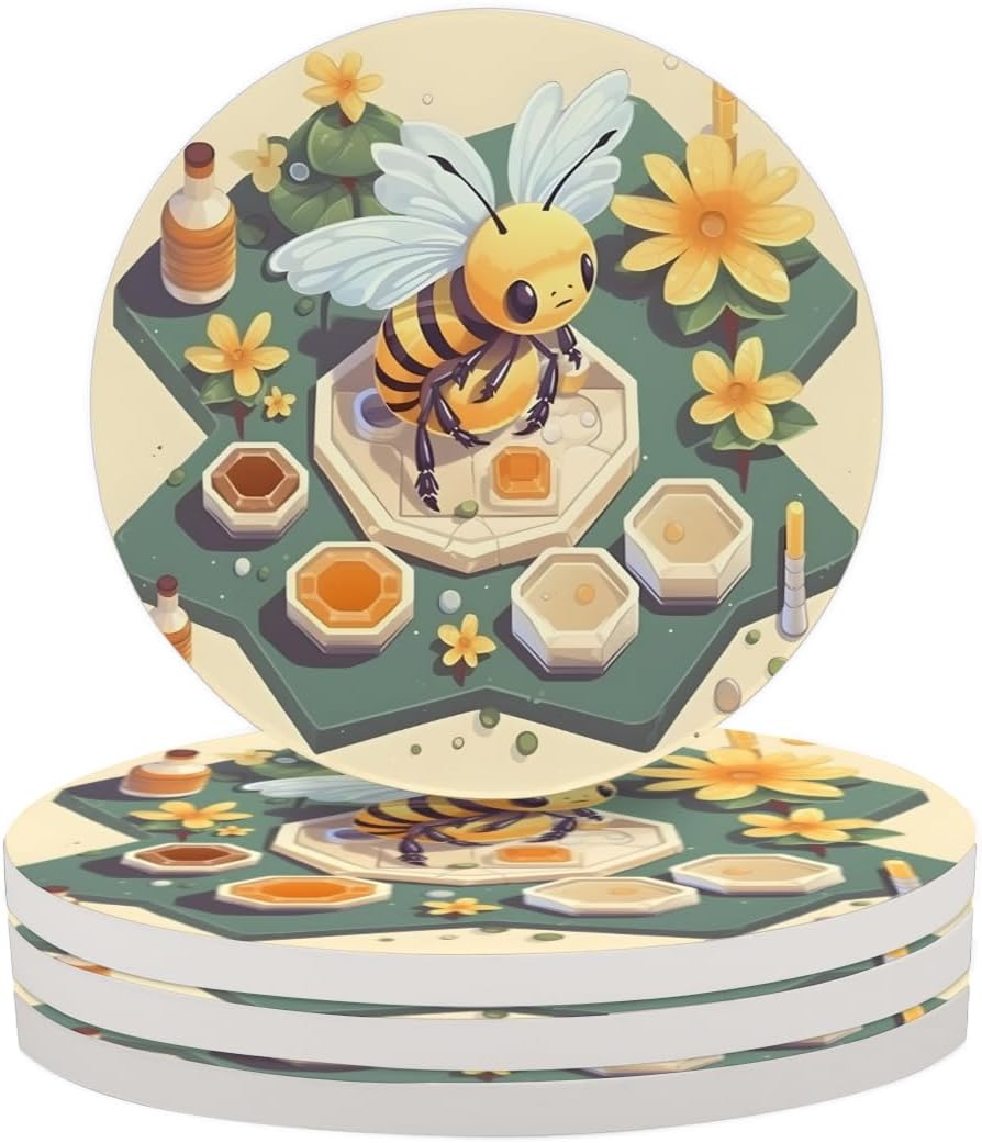 Ceramic Coasters for Drinks with Cork Back,Cute Bee Honeycomb 4 Inch Absorbent Coaster Set 4 Pack, Quick Dry Non-Slip Coaster Mats for Home, Office, Bar
