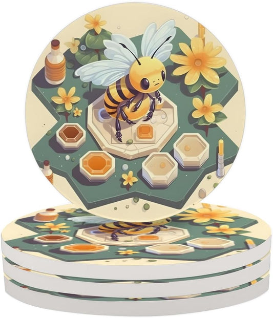 Ceramic Coasters for Drinks with Cork Back,Cute Bee Honeycomb 4 Inch Absorbent Coaster Set 4 Pack, Quick Dry Non-Slip Coaster Mats for Home, Office, Bar