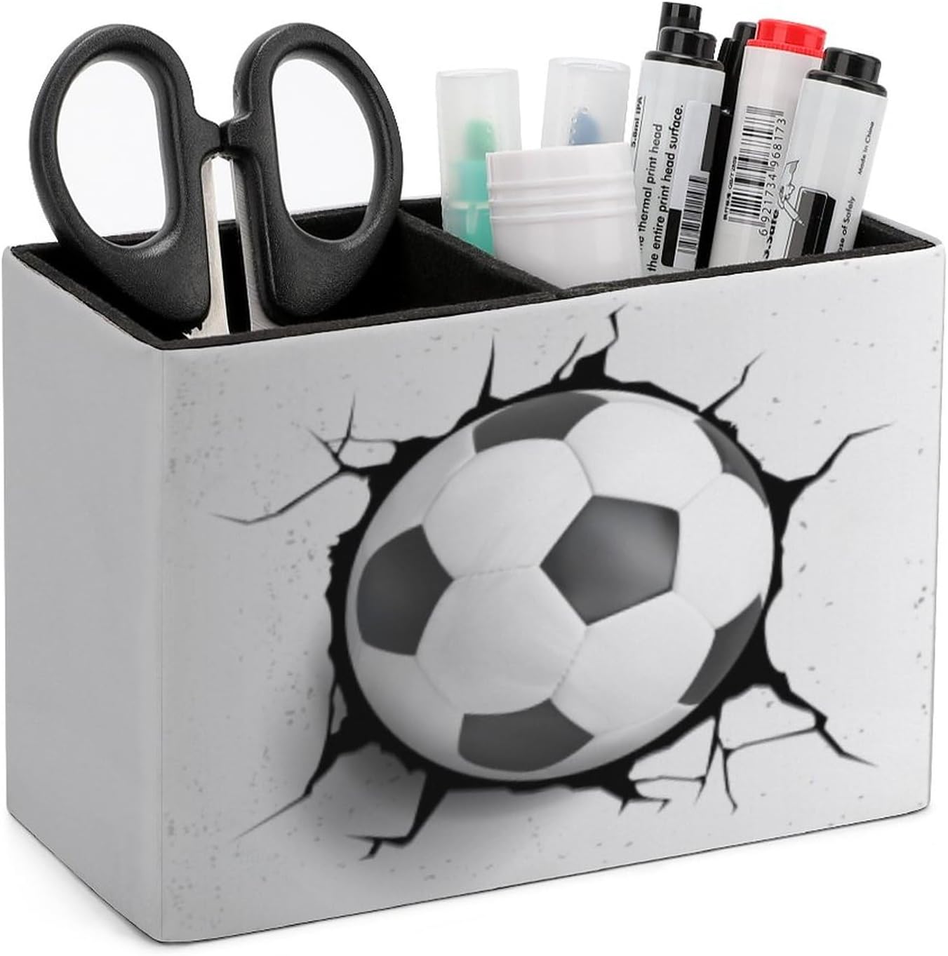 Pen Holder, Pencil Holder for Desk Organizer, Soccer Ball Cracked Wall PU Leather Pencil Cups Desktop Stationery Storage Makeup Brush Holder Pen Organizer for Office Home