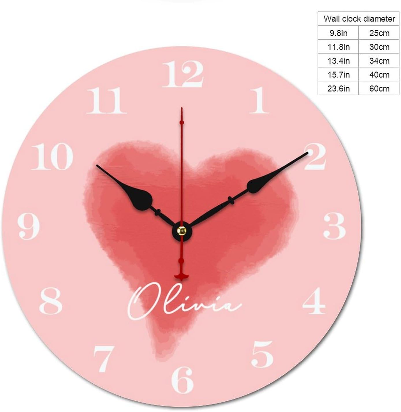 Red Heart Personalized Wall Clocks for Walls,Decorative Kids Wall Clocks Battery Operated 12 inch,Kids Girls Name Wood Wall Clock for Nursery Kids Bedrooms Boys Girls Playroom Decor,Custom Kids Gifts