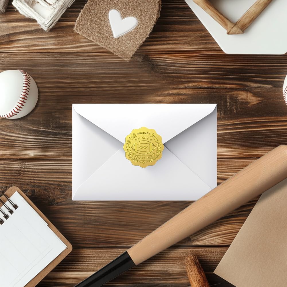 Peacoblue Gold Foil Stickers Seals Embossed American Football and Wheatear 2 Inch 100Pcs, Self Adhesive Gold Around Embossing Sticker for Certificate Paper Envelope Seal Gift Card Present Decoration