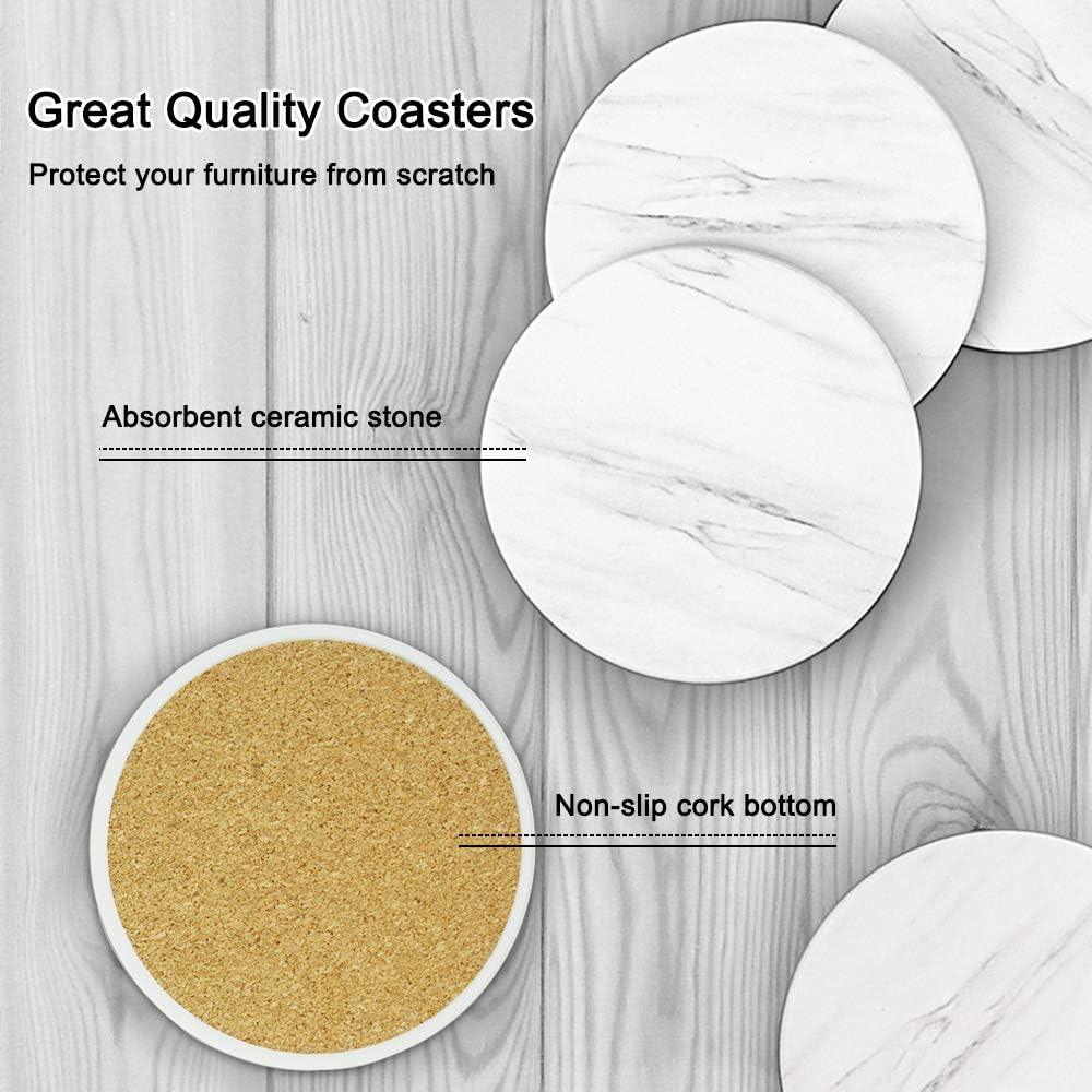 EAGMAK Set of 8 Coasters for Drinks, Absorbent Marble Style Ceramic Drink Coaster with Holder for Coffee Wooden Table Home Decor (White)