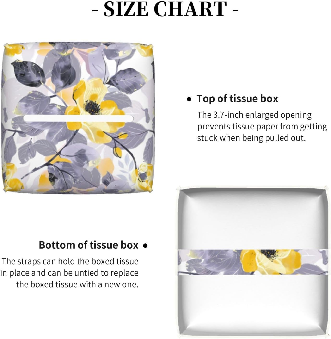 Tissue Box Cover Yellow Flower Grey Leaves Square PU Leather Tissue Box Holder for Car Bathroom Bedroom Desk Tabletop Decor