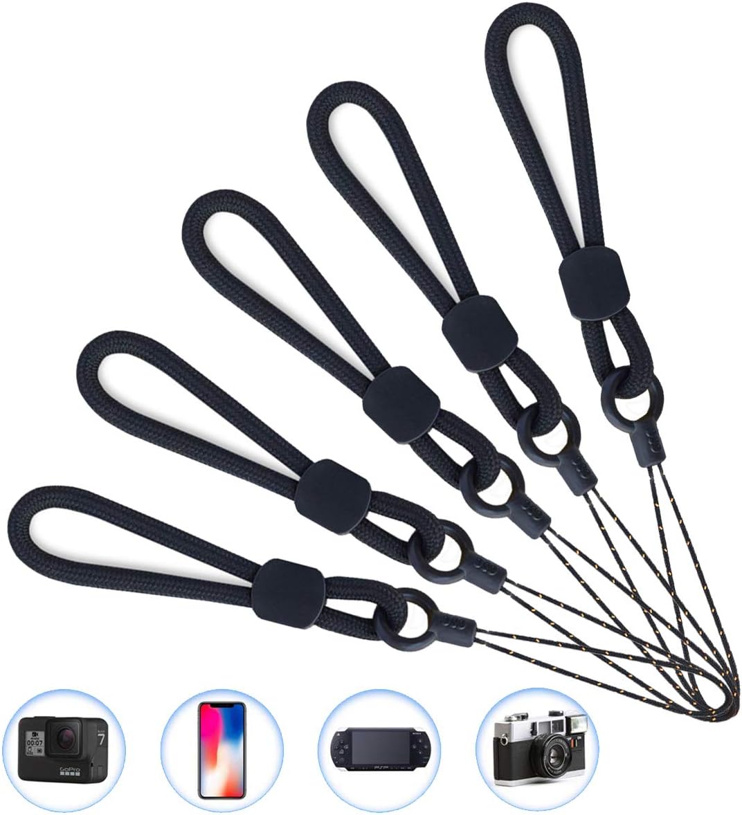 YOUOWO Ring Lanyards Black Finger Strap 5 Pack Short Rope Small Lanyard,For Phone Cases Keys Keychain USB Flash Drive CellPhone iPod ID Card Badge Camera