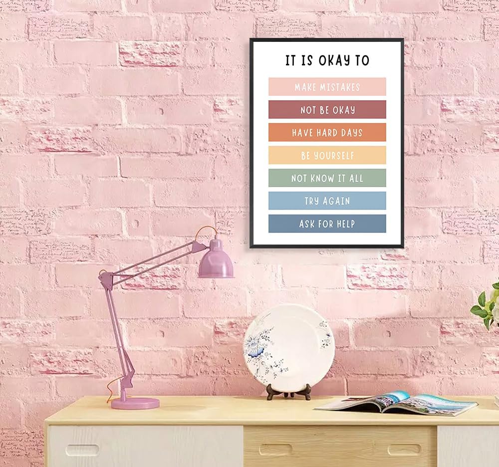 uoyien Growth Mindset Mental Health Posters Boho Classroom Playroom Therapy Wall Decor Affirmations Quotes Canvas Wall Art Kids Educational Prints For Calming Corner Decoration 16x24in Metal Framed
