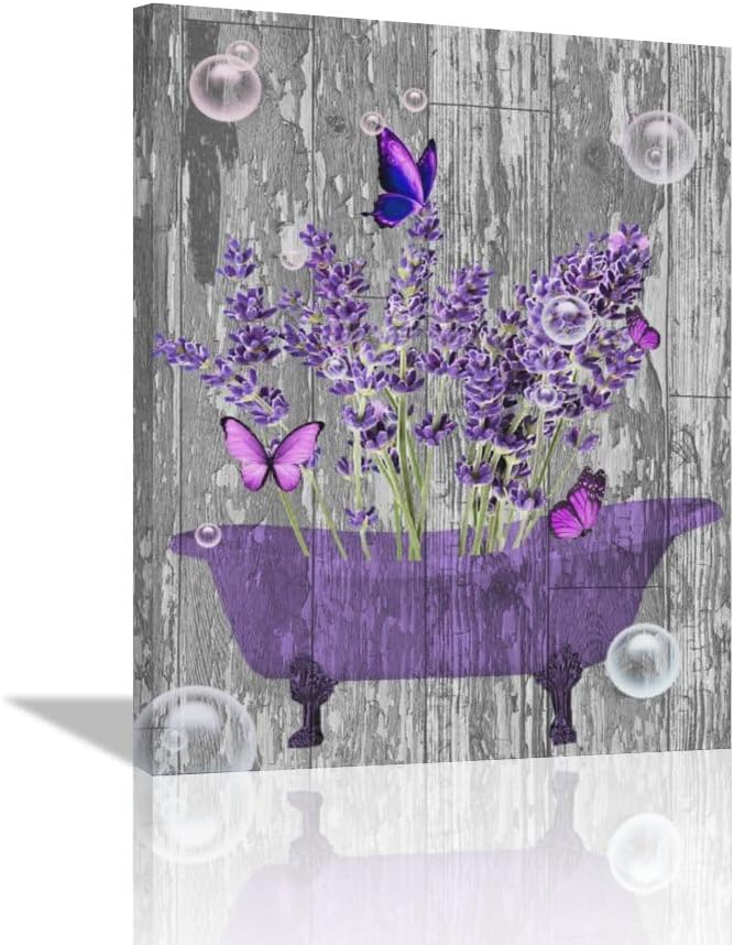 Lavender Bathroom Decor Wall Art Purple Farmhouse Bathroom Pictures for Wall Rustic Butterfly Bathtub Artwork Vintage Country Bathroom Grey White Painting Framed Bath Laundry Decorations 20"x24"