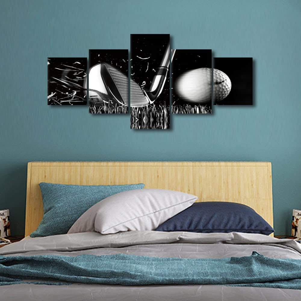 Black and White Paintings Golf Pictures 5 Panel Canvas Golf Ball Wall Art for Living Room Golfing Sport Golf Course Artwork Modern Home Decor Giclee Posters and Prints Framed Ready to Hang - 50"Wx24"H