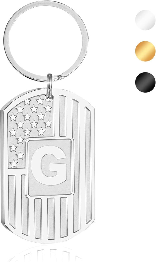 Initial Keychain Gifts for Men,A-Z Letter American Flag Dog Tag Stainless Steel Keychain,Mens Accessories Gift