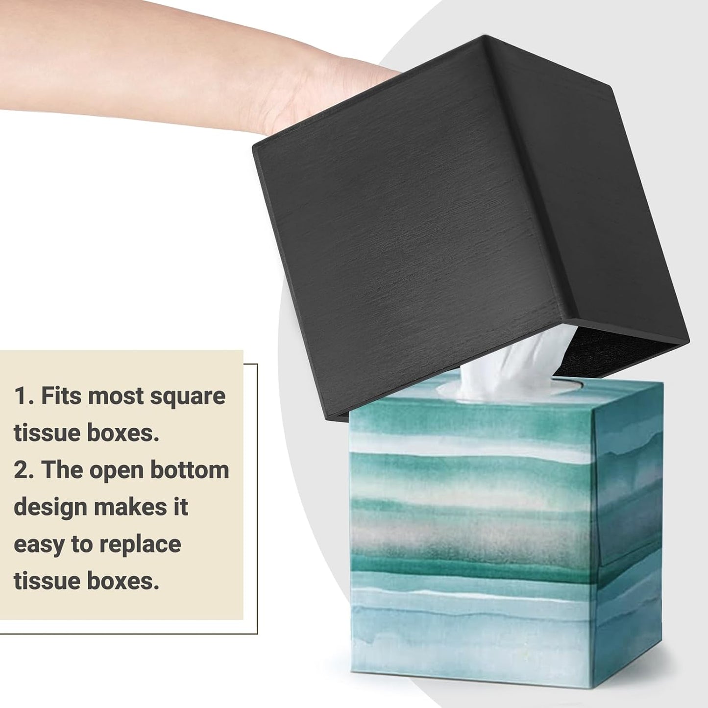 Mkono Tissue Box Cover Square Open-Bottom Wood Tissue Box Holder Decorative Facial Cube Organizer Modern Farmhouse Decor for Bathroom Bedroom Dresser Living Room Office Dorm, Black