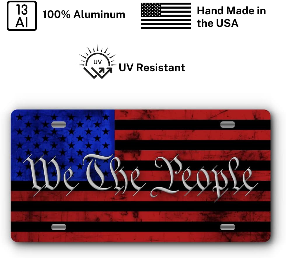 Patriotic Vanity Aluminum License Plate for Front of Trucks and Cars - Made in The USA - Universal Fit (We The People Red & Blue)