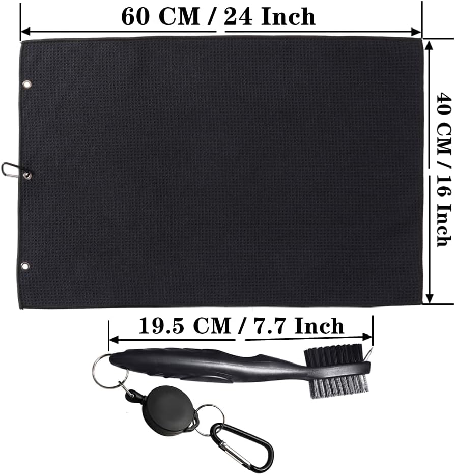 Golf Towels, Golf Towel and Brush Set, with Microfiber Waffle Design Golf Towel 16" X 24" with Hook and Loop Fastenerl and Retractable Zip-line Golf Club Brush (Black)