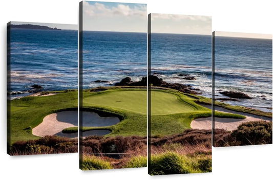 Elephant Stock California Coastline Golf Course Wall Art - Horizontal Canvas - 4-Piece Living Room Wall Decor - Photography Sports Canvas Print - Brown and Beige Decor for Wall - 24" X 14"