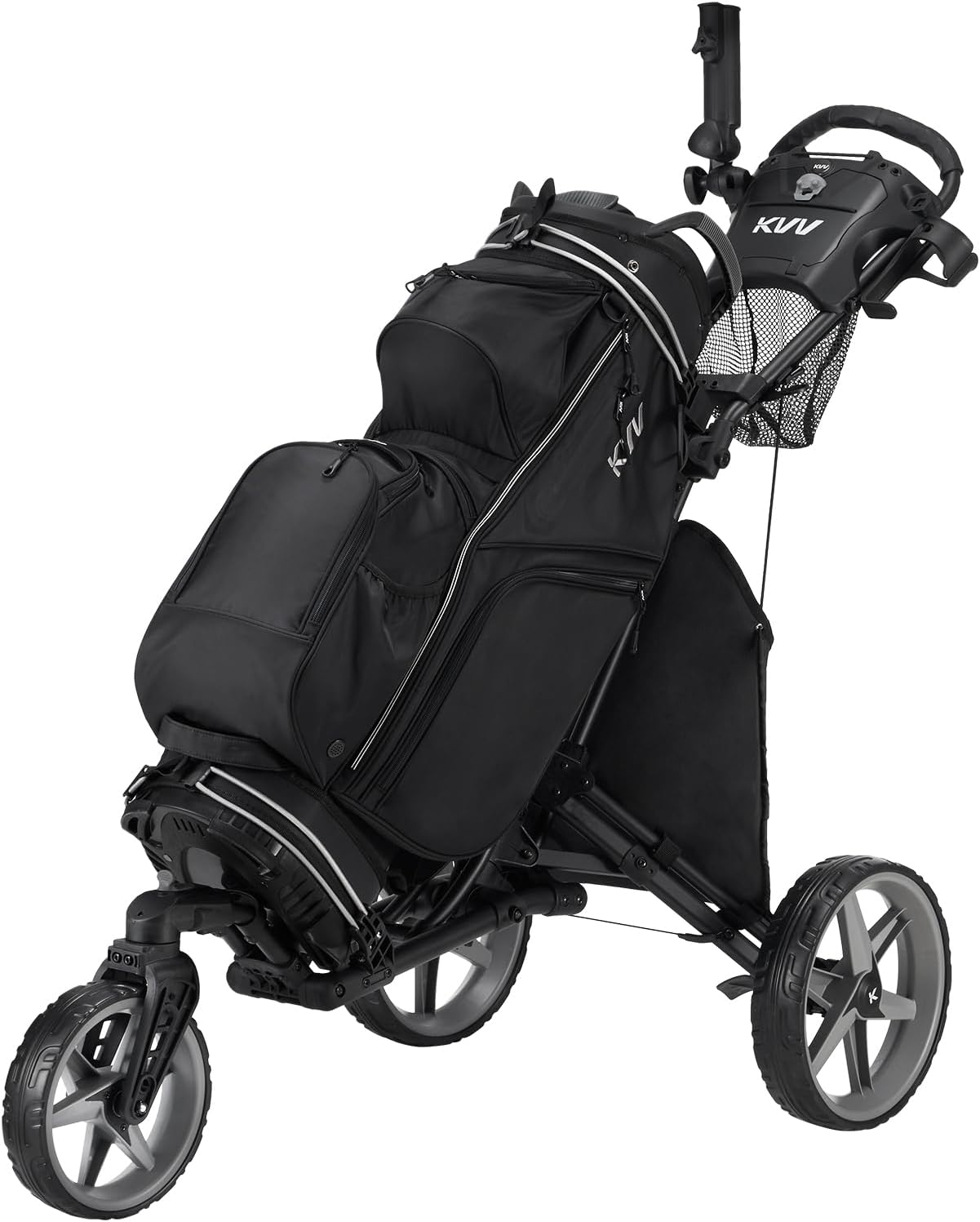 KVV 3 Wheel 360 Rotating Front Wheel Golf Push Cart Open and Close in ONE Second-Free Umbrella Holder Included