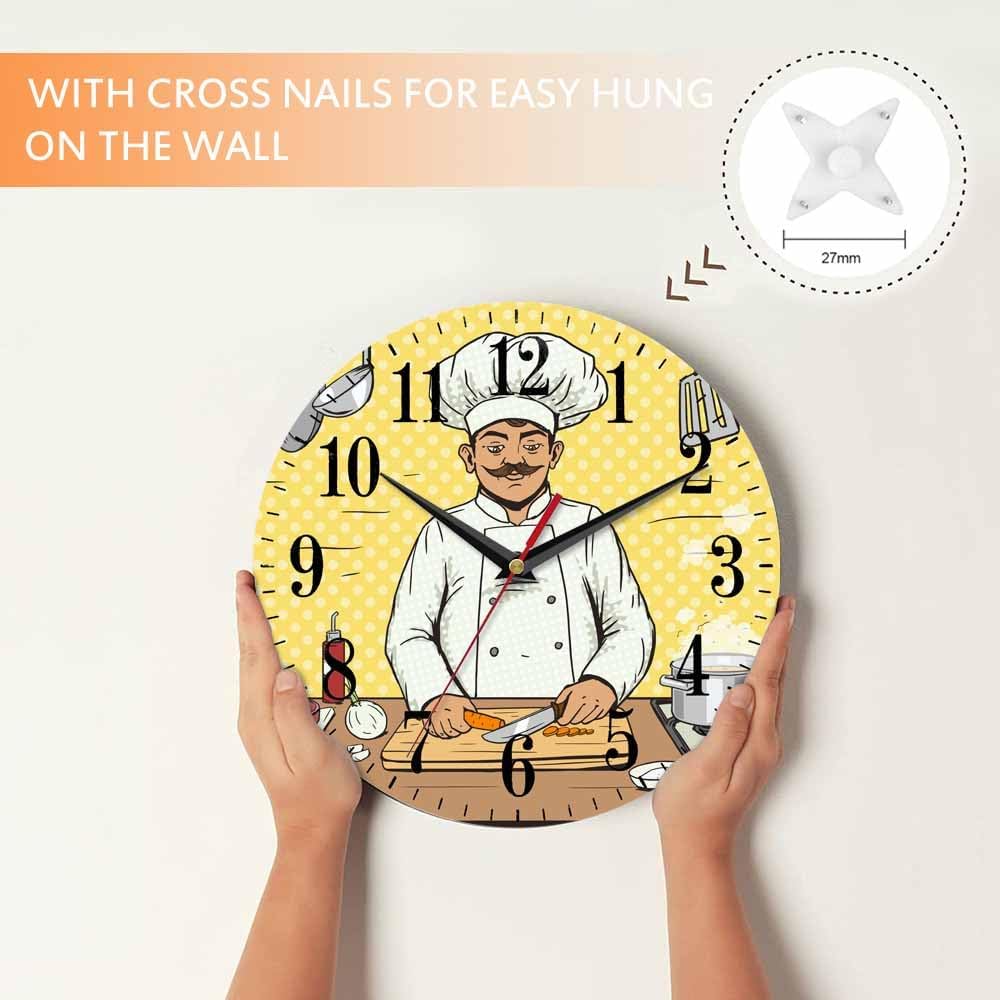 Mxocom Comic Chef Cooks Wall Clock Food Pop Kitchen Art Style 10 Inch Silent Non Ticking Battery Operated Clock Vintage Round Clock for Living Room Bedroom Bathroom Office Decor