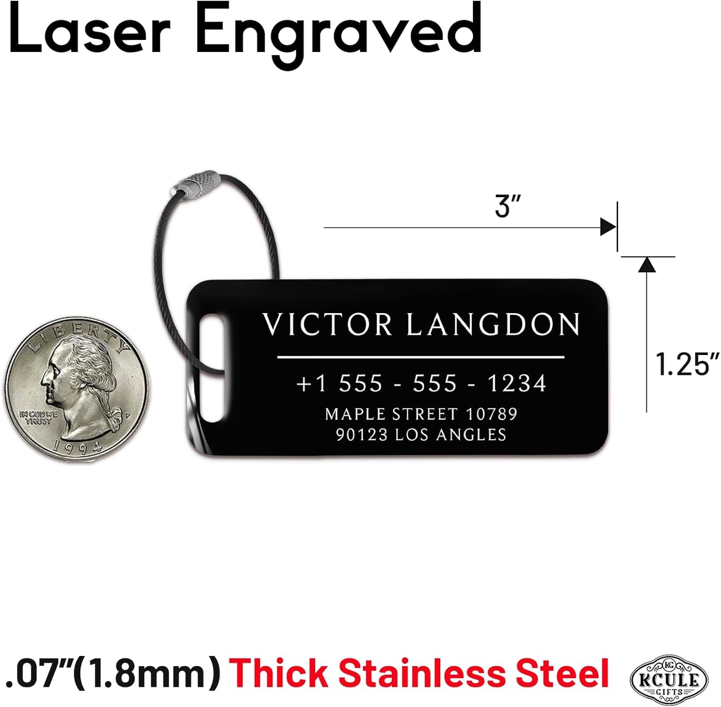 Personalized Luggage Tags for Suitcases - Stainless Steel Custom Luggage Tags for Backpacks & Bags, Sturdy, Waterproof & Heavy Duty (Black / 3" x 1.25")