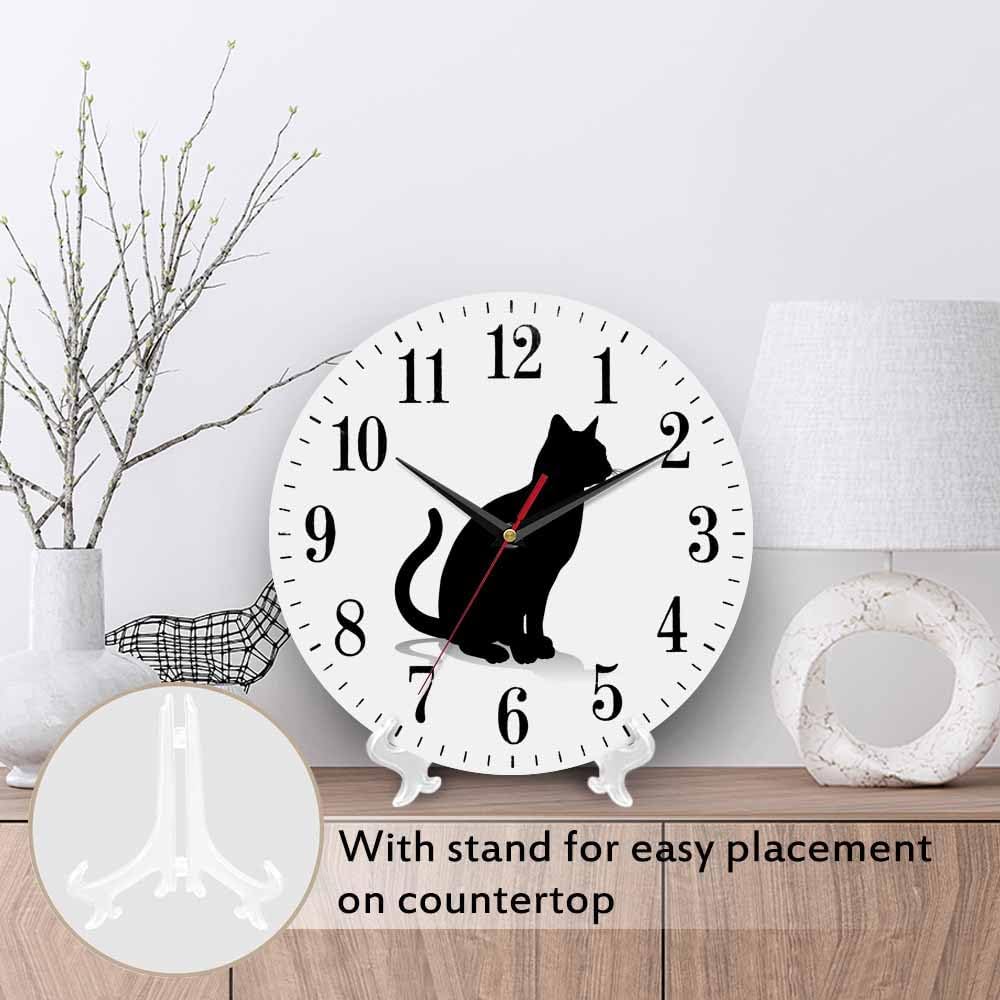 Mxocom Cat Silhouette Wall Clock Pet Animal Kitten Standing Black Outline 10 Inch Silent Non Ticking Battery Operated Clock Vintage Round Clock for Living Room Bedroom Bathroom Office Decor
