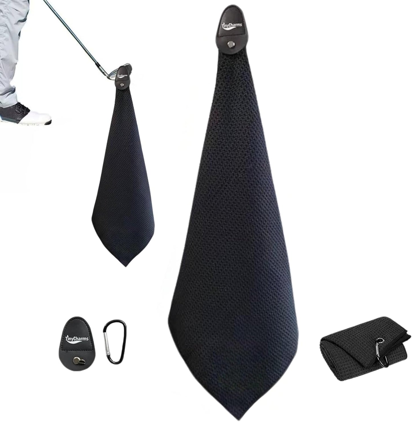 Magnetic Golf Towel, 16"x16" Black Microfiber, Strong Magnet & 3 Grommet Design, Carabiner Hook, Super Absorbent & Easy Clean, Golf Bag Accessory